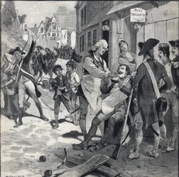 Siège de Lille en 1792 : Maes utilisant un éclat de bombe comme plat à barbe pour raser un client. Gravure dans "Le Petit Parisien" du 16/10/1892. Collection privée