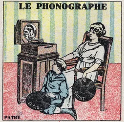 Énergie sonore : le phonographe. Une mère et son fils écoutent un disque sur un phonographe Pathé. Illustration anonyme de 1925. Collection privée.