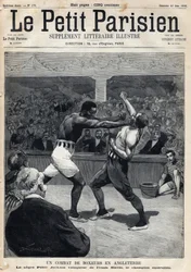 Sport, Boxe : Un combat de boxe en Angleterre entre Peter Jackson et le champion australien Frank Slavin. Gravure du journal « Le Petit Parisien » le 12/06/1892. Collection privée.