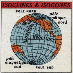 Magnétisme terrestre : carte magnétique montrant les isoclines et les isogones. Illustration anonyme de 1925. Collection privée.