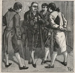 Test du faux diamant brésilien par John Mawe (1764-1829) minéralogiste britannique. Gravure de 1885 dans « Les arts et métiers illustrés » par Adolphe Bitard