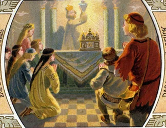 La Quête du Saint Graal, un vase sacré qui aurait recueilli le sang des blessures de Jésus-Christ lors de la crucifixion. Chromolithographie de la fin du XIXe siècle