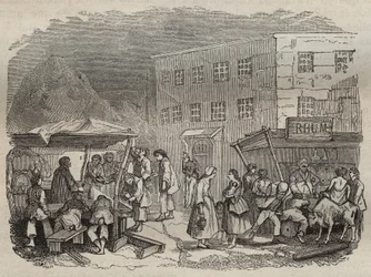 La cantine du bagne de Rochefort au XIXème siècle. Gravure dans « Histoire des bagnes depuis leur création à nos jours » (1877) par Pierre Zaccone. Collection privée.