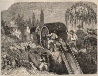 Le cimetière du bagne de Brest au XIXe siècle. Gravure dans "Histoire des bagnes depuis leur création à nos jours" (1877) par Pierre Zaccone (1817-1895). Collection privée.