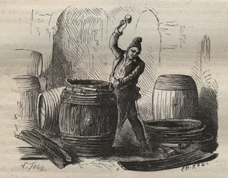Le tonnelier du bagne de Toulon au XIXe siècle. Gravure dans « Histoire des bagnes depuis leur création à nos jours » (1877) par Pierre Zaccone (1817-1895). Collection privée