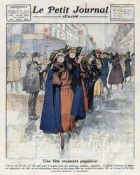 Le voyage des catherinettes, jeunes filles célibataires portant des chapeaux traditionnels, dans les rues de Paris. Illustration tirée de « Le petit journal illustré » du 04/12/1921. Collection Privée