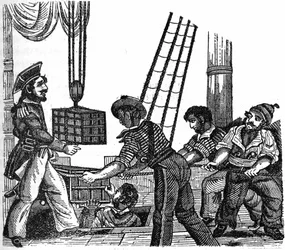 Le pirate « Long Ben » John Avery (mort en 1643) chargea trois caisses de trésors (or et pierres) sur son navire. Gravure tirée de « The Pirate