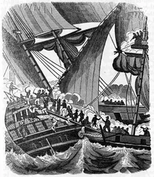 Le pirate gentleman Jean Lafitte (1780-1826) approche le navire Queen East de la Compagnie des Indes. Gravure de « Le livre du pirate » 1837.