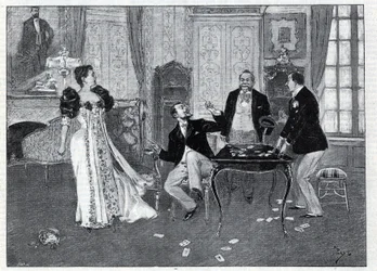 Représentation théâtrale : « Le Système Ribadier », vaudeville de Georges Feydeau (1862-1921) et Maurice Hennequin (1863-1926) au Théâtre du Palais-Royal à Paris. Gravure dans « Le monde illustré » de 1892. Collection privée.