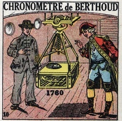 Temps : chronomètre marin inventé par Ferdinand Berthoud (1727-1807) en 1760. Illustration anonyme de 1925. Collection privée.