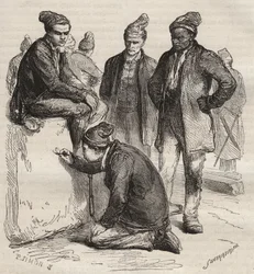 Types de galères du bagne de Brest au XIXe siècle. Gravure dans « Histoire des bagnes depuis leur création à nos jours » (1877) par Pierre Zaccone (1817-1895). Collection privée