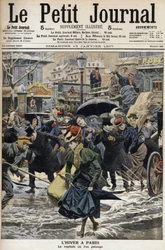 Hiver à Paris : les piquets pataugent dans la neige fondue et les diligences des passants. Gravure en première page du Petit Journal