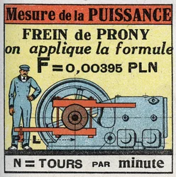 Travail et puissance : mesure de la puissance avec le frein de Prony. Illustration anonyme de 1925. Collection privée.