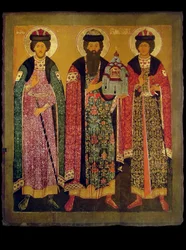Saint Vsevolod Mstislavich, prince de Pskov avec les saints Boris et Gleb, début du 17ème siècle