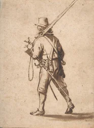 Un mousquetaire marchant, vu de dos, 17e siècle