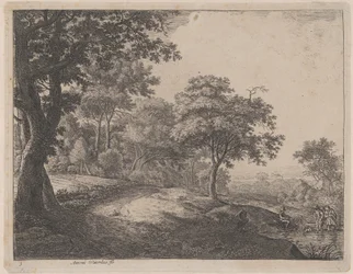 Un homme et une femme traversant un ruisseau, 17ème siècle.