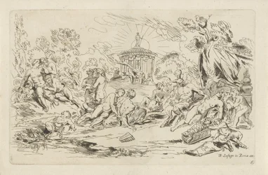 Nymphes et satyres devant un temple de Bacchus