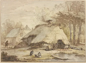 Trois cabanes sous des arbres, avec trois canards assis au premier plan
