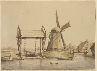 Paysage avec ascenseur à bateaux et moulin