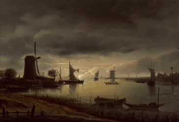Scène de rivière avec moulin à vent et bateaux, soir