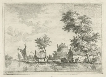 Paysage fluvial avec une meule de foin