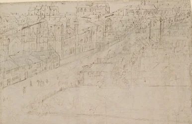 Panorama de Londres vu de Southwark : Borough High Street avec St Mary Overy