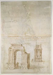 Recto : Vue panoramique de Tarragone depuis le sud (vers la mer) Verso : Croquis de ruines romaines à Tarragone et d