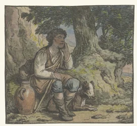 Garçon sous un arbre avec un chien et une cruche