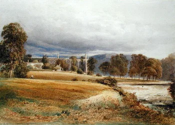 Abbaye de Bolton depuis la rivière Wharfe, vue sud, vers 1825