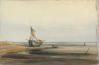 Scène côtière avec un bateau échoué