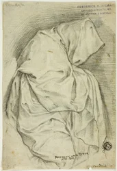 Drapée avec personnage encapuchonné (recto) ; Deux esquisses de cygnes dans l