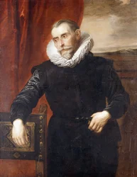 Portrait de Frans Snyders, à mi-corps, vêtu de noir, appuyé sur une chaise, avec un paysage à l