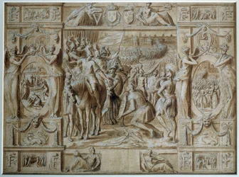 La soumission de Milan. Les troupes de François Ier prennent la ville de Milan après la victoire à la bataille de Marignan en 1515. Dessin à la plume et lavis par Antoine Caron (1521-1599) XVIe siècle Paris, Musée du Louvre
