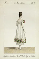Une dame avec une coiffure asiatique en robe de bal ornée de rubans, planche 4 de la série de modes 