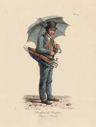 Le Vendeur de Parapluies et Ombrelles, numéro 23 de la série Les Cris de Paris, gravé par François Séraphin Delpech