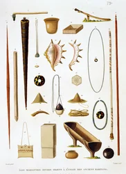 Ustensiles ménagers et armes des îles Mariannes, de Voyage autour du Monde (1817-20), par Louis Claude Desaulses de Freycinet (1779-1842) gravé par Jean Louis Denis Coutant (1776-1831), p