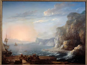 Coucher de soleil. Un paysage de falaises et de rochers sur la mer, avec des pêcheurs au premier plan