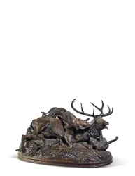 Cerf à dix cors abattu par deux lévriers écossais, vers 1840