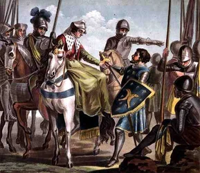 Jeanne de Navarre (1271-1304) capture le comte de Bar, gravé par Jean Baptiste Morret 1788 (gravure en couleur)