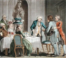 Le Comte de Vaux (1705-88) offre nourriture et boisson à un fermier, gravé par Jean Baptiste Morret (fl.1790-1820)