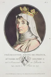 Frédégonde, Reine des Francs, de Portraits des Grands Hommes, femmes illustres, et sujets mémorables de France, gravé et imprimé en couleurs, publié par Pierre Blin, 1786-92, Paris