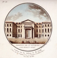 Hospice de Saint Jacques Du Haut Pas construit selon les dessins de Vieilb, maintenant Hôpital Cochin, Paris. Dans les vues pittoresques des principaux bâtiments de Paris par Sergeant