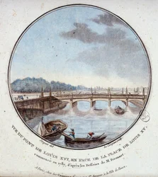 Vue du pont de Louis XVI, en face de la place de Louis XV, commencé en 1787 selon les dessins de M. Peronnet. Dans vues pittoresques des principaux bâtiments de Paris par Sergeant