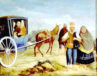 Nobles dans un kaless maltais portant les armes du maître de Rohan, passant des paysans maltais au bord de la route