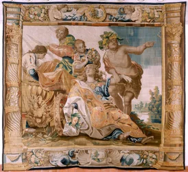 Tapisserie flamande. Série Histoire de Thésée. Bacchus prend Ariane pour épouse. Neuvième tapisserie de la série. Modèle Anthonis Sallaert. Manufacture Jan Raes le Jeune, Bruxelles. Vers 1630.