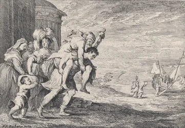 Énée fuyant Troie, avec un groupe de six figures quittant la ville à gauche, Énée portant..., 1728