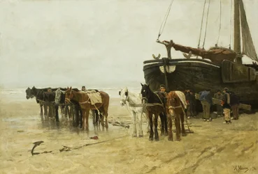 Dutch : Bomschuit avec chevaux de halage sur la plage de Scheveningen Bateau de pêche avec chevaux de halage sur la plage de Scheveningen