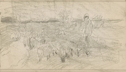 Berger avec un troupeau de moutons dans un paysage