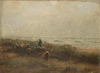 Paysage avec berger de moutons au bord de la mer