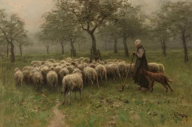 Bergère avec un troupeau de moutons. Vers 1870-88